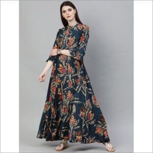 Washable Ladies Greyish Blue Printed Floor Length Rayon Kurti